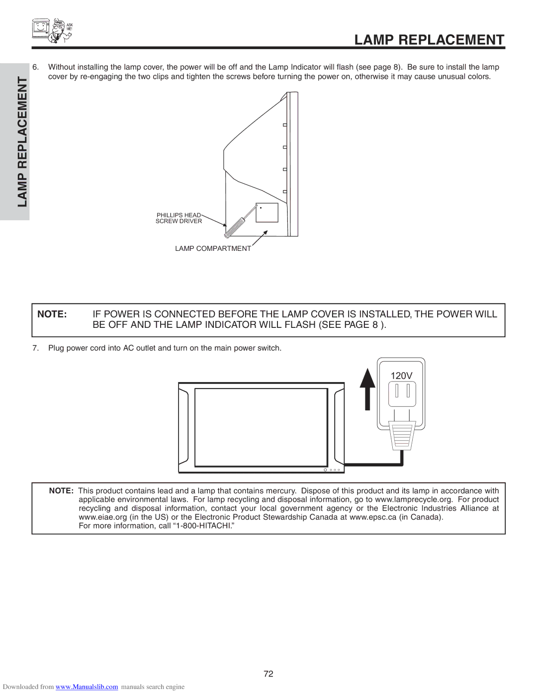 Hitachi 50VS810A, 70VS810, 60VS810A important safety instructions 120V 