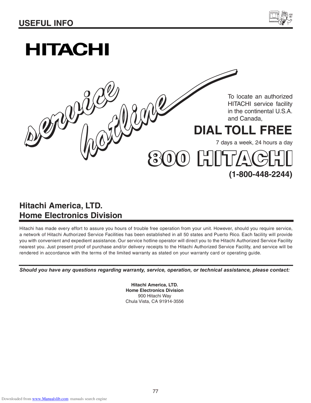 Hitachi 70VS810, 50VS810A, 60VS810A important safety instructions Dial Toll Free, Home Electronics Division 