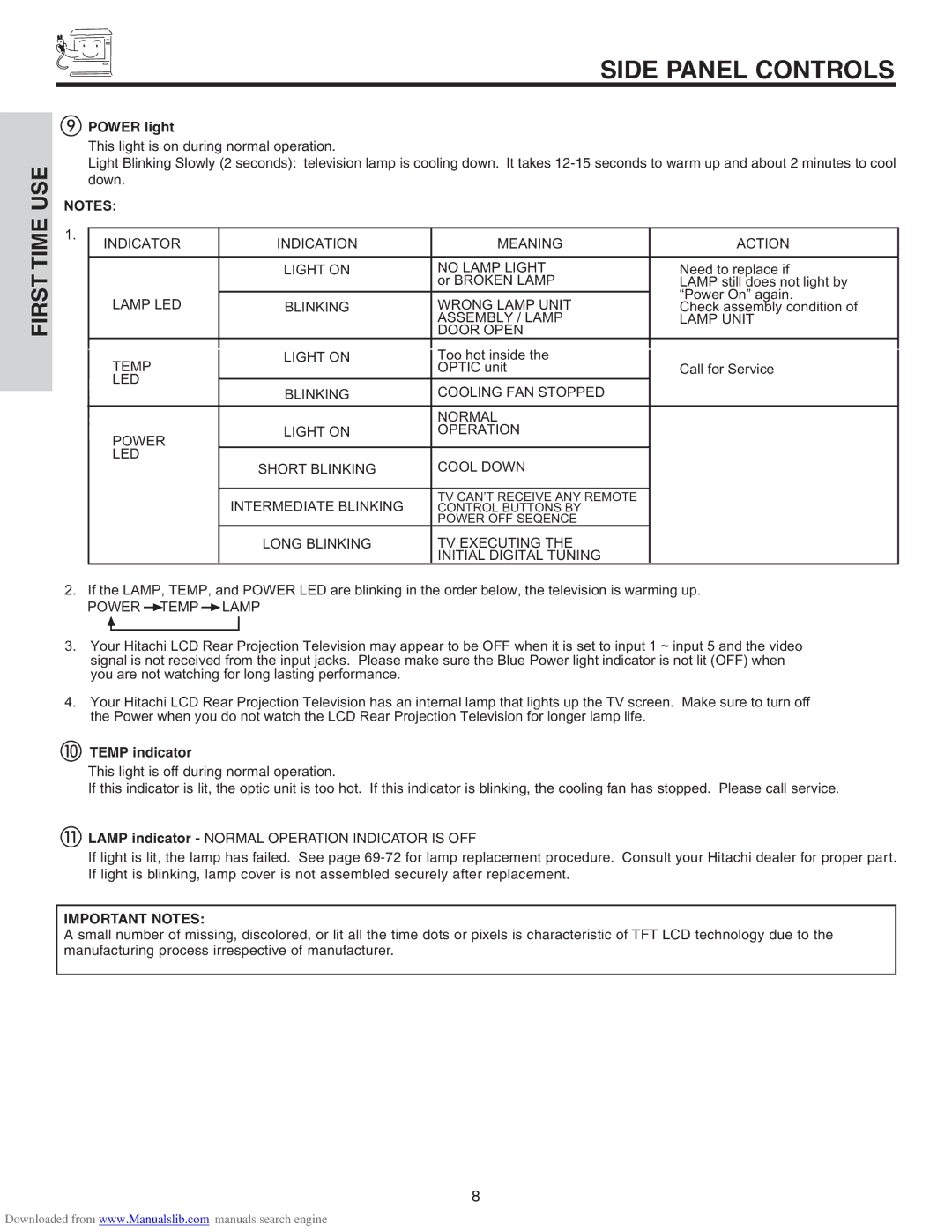 Hitachi 50VS810A, 70VS810, 60VS810A important safety instructions Power light, Temp indicator 