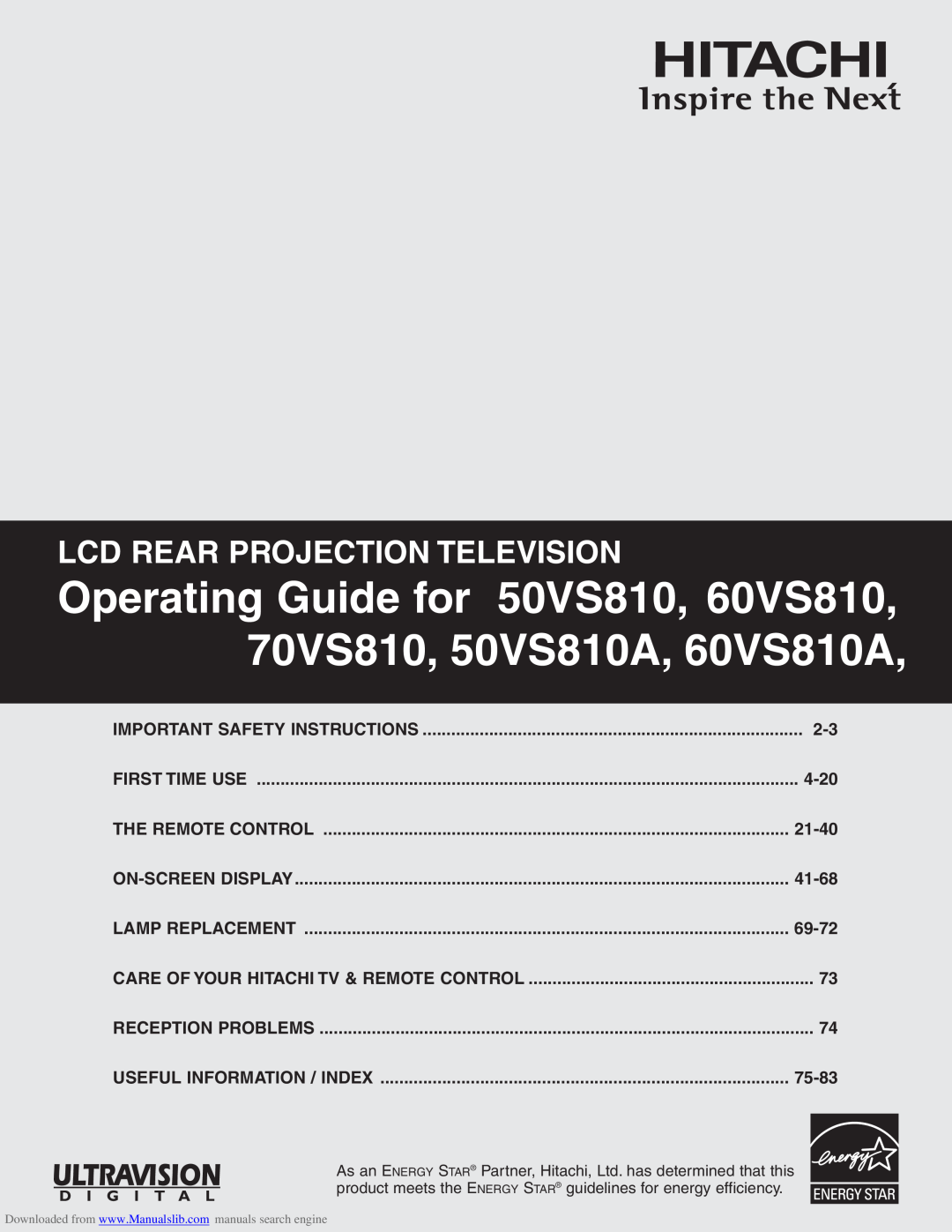 Hitachi important safety instructions Operating Guide for 50VS810, 60VS810, 70VS810, 50VS810A, 60VS810A 