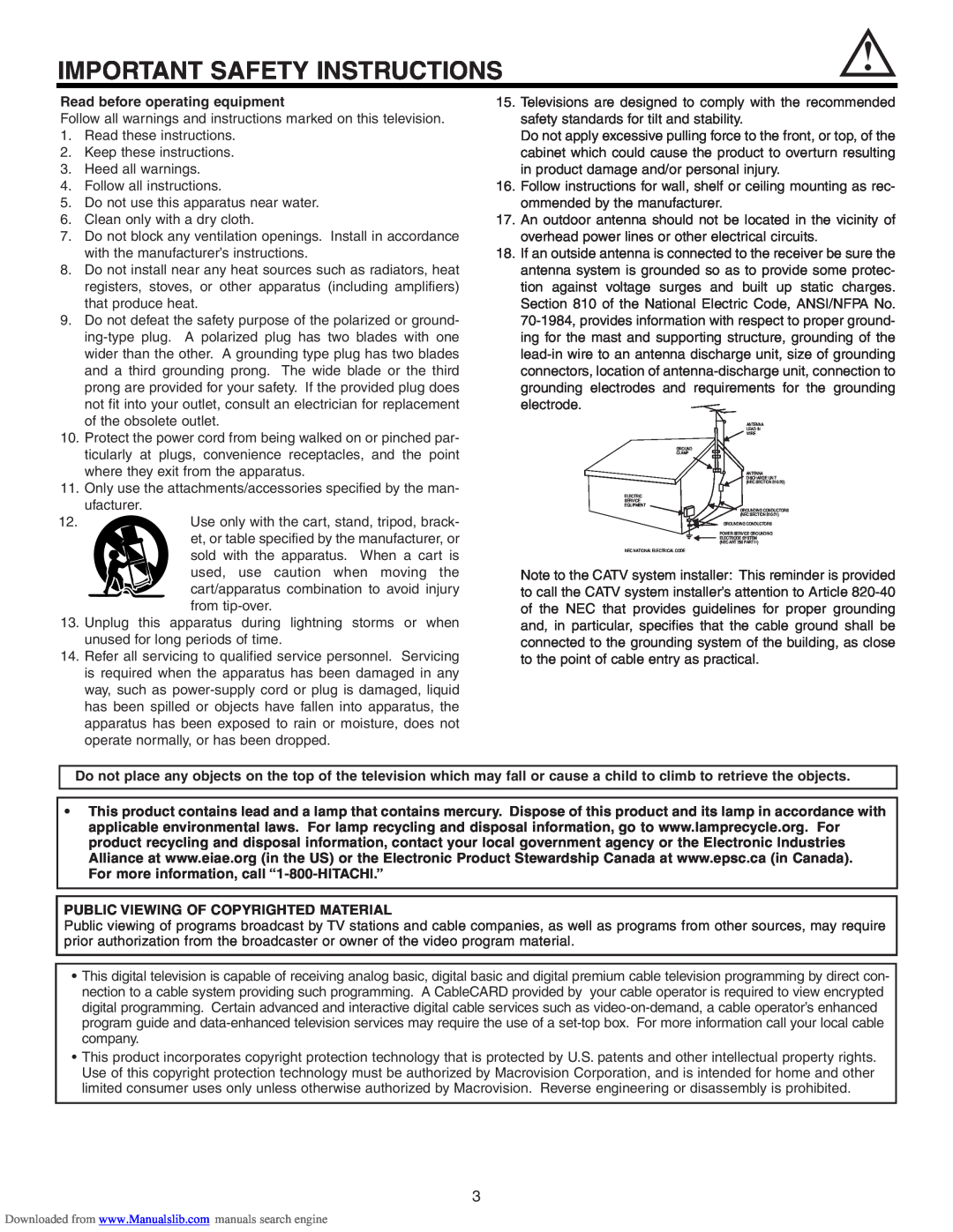 Hitachi 60VS810A Important Safety Instructions, Read before operating equipment, Public Viewing Of Copyrighted Material 