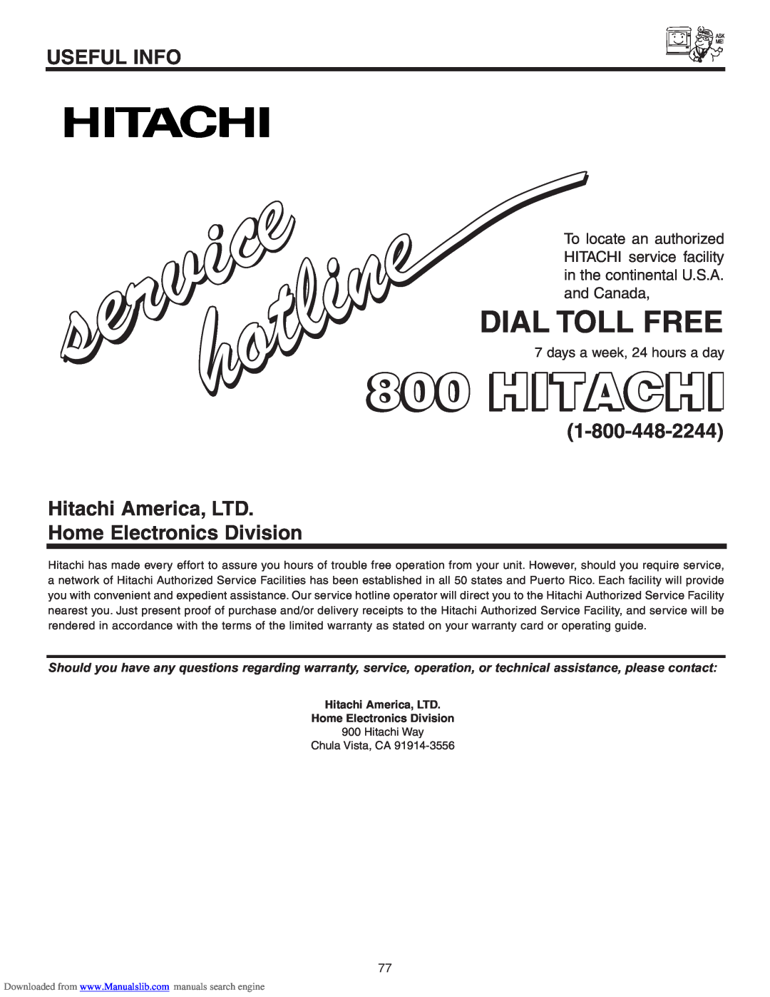 Hitachi 70VS810, 50VS810A, 60VS810 Home Electronics Division, days a week, 24 hours a day, Dial Toll Free, Useful Info 