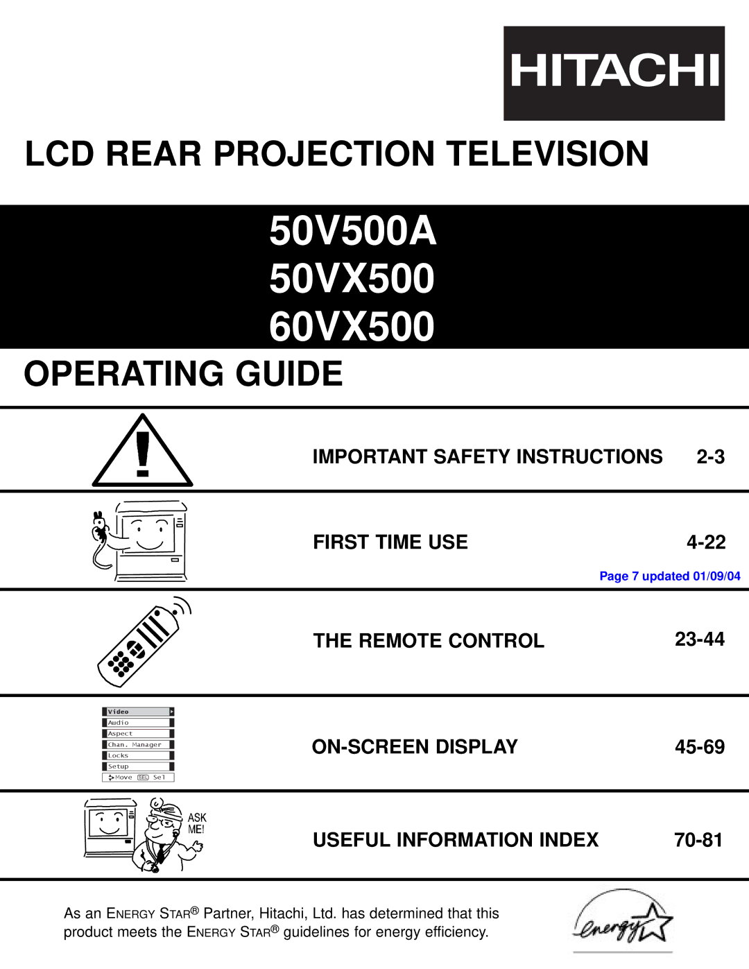 Hitachi 50V500A, 50VX500 important safety instructions Important Safety Instructions, First Time USE, Remote Control 