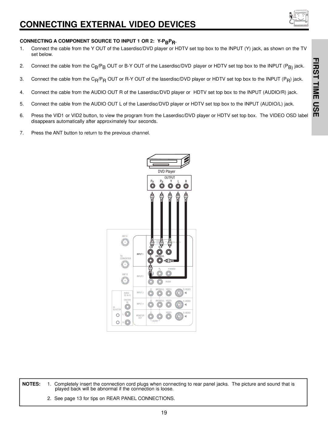 Hitachi 50V500A, 50VX500, 60VX500 Connecting a Component Source to Input 1 or 2 Y-PBPR, DVD Player 