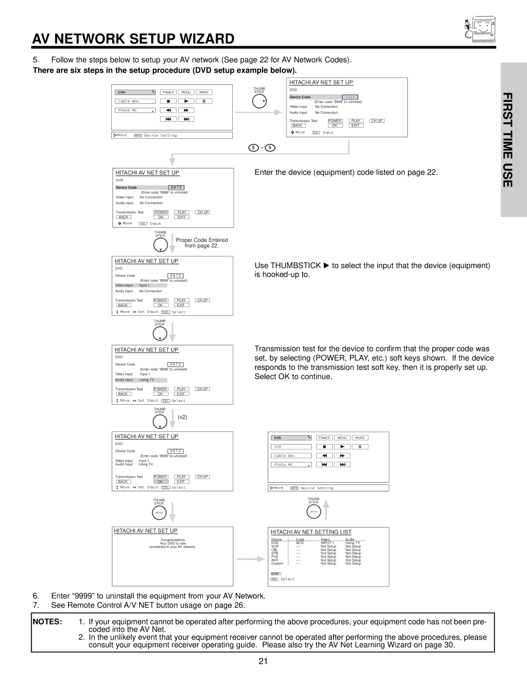 Hitachi 50VX500, 50V500A, 60VX500 important safety instructions AV Network Setup Wizard, Hitachi AV NET SET UP 