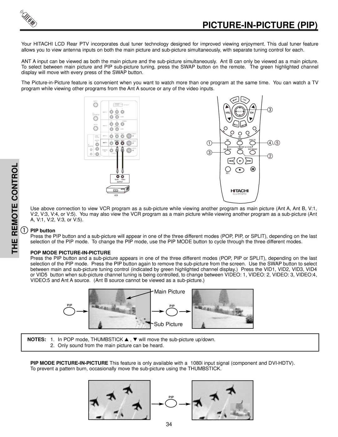 Hitachi 50V500A, 50VX500, 60VX500 Picture-In-Picture Pip, PIP button, POP Mode PICTURE-IN-PICTURE 