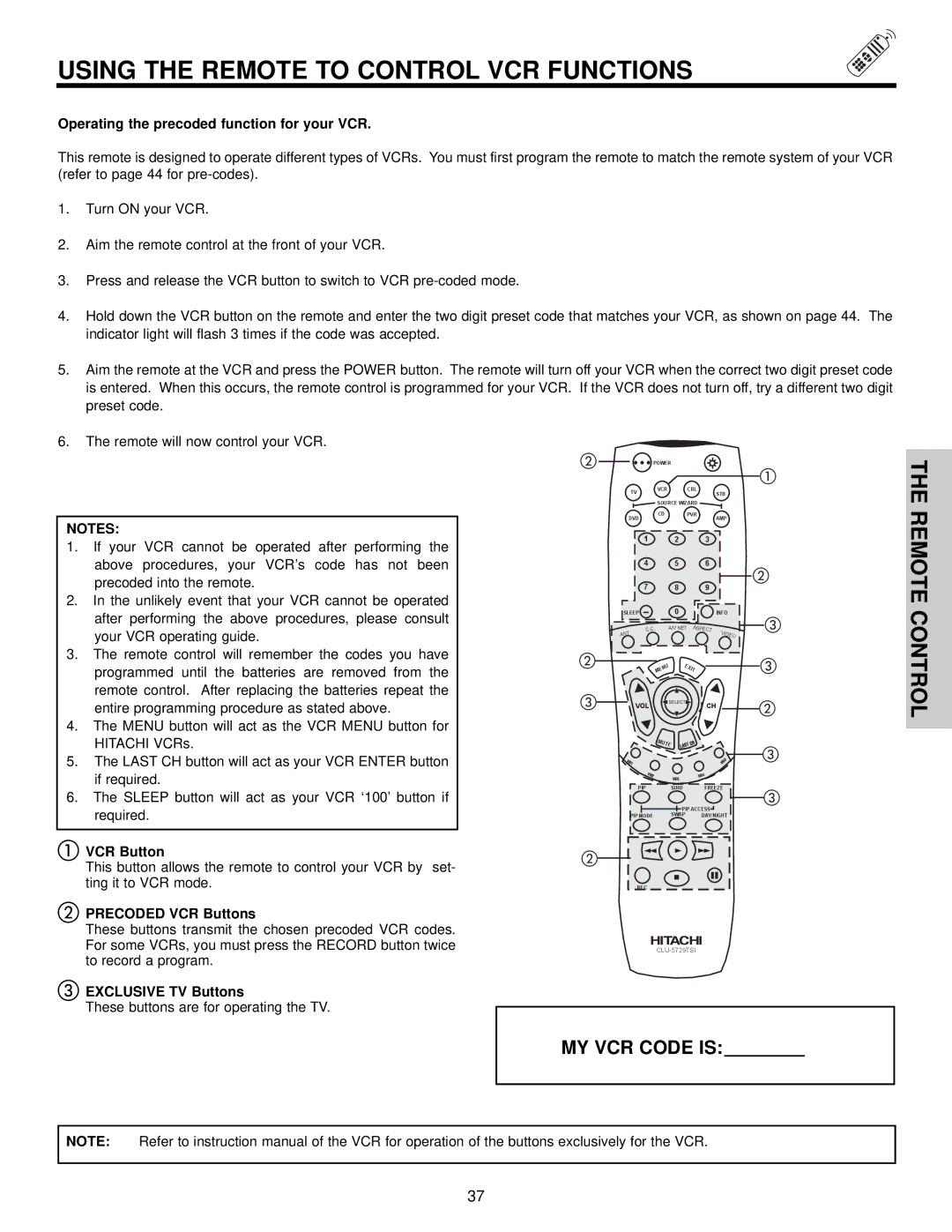 Hitachi 50V500A, 50VX500, 60VX500 Using the Remote to Control VCR Functions, Operating the precoded function for your VCR 