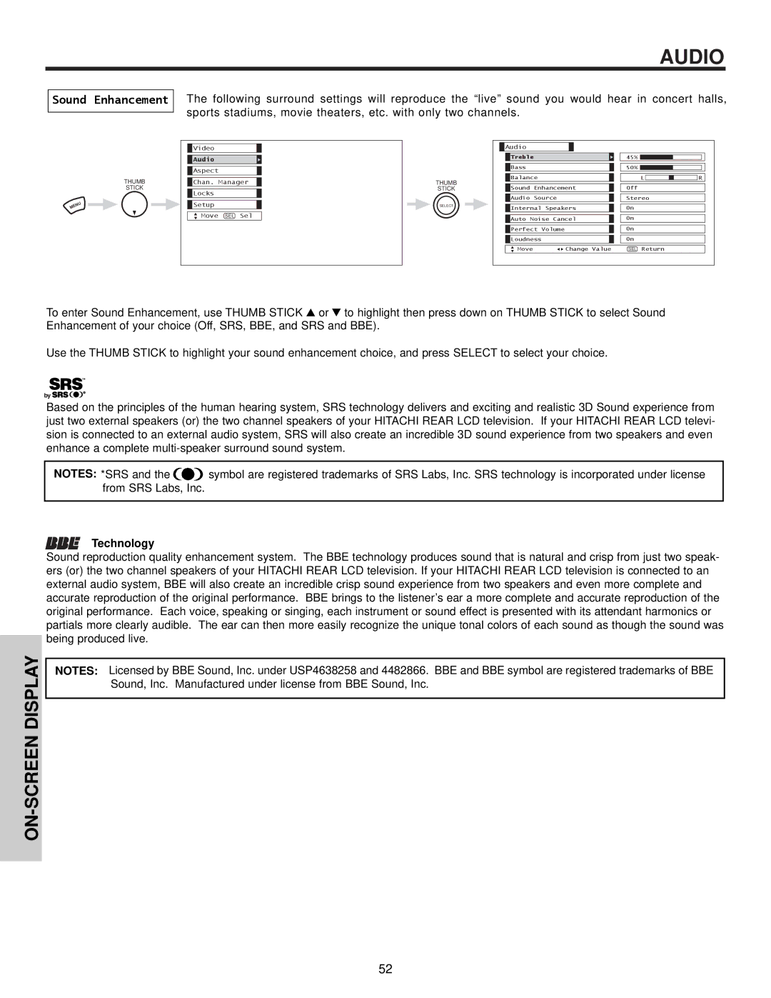 Hitachi 50V500A, 50VX500, 60VX500 important safety instructions Sound Enhancement, Technology 