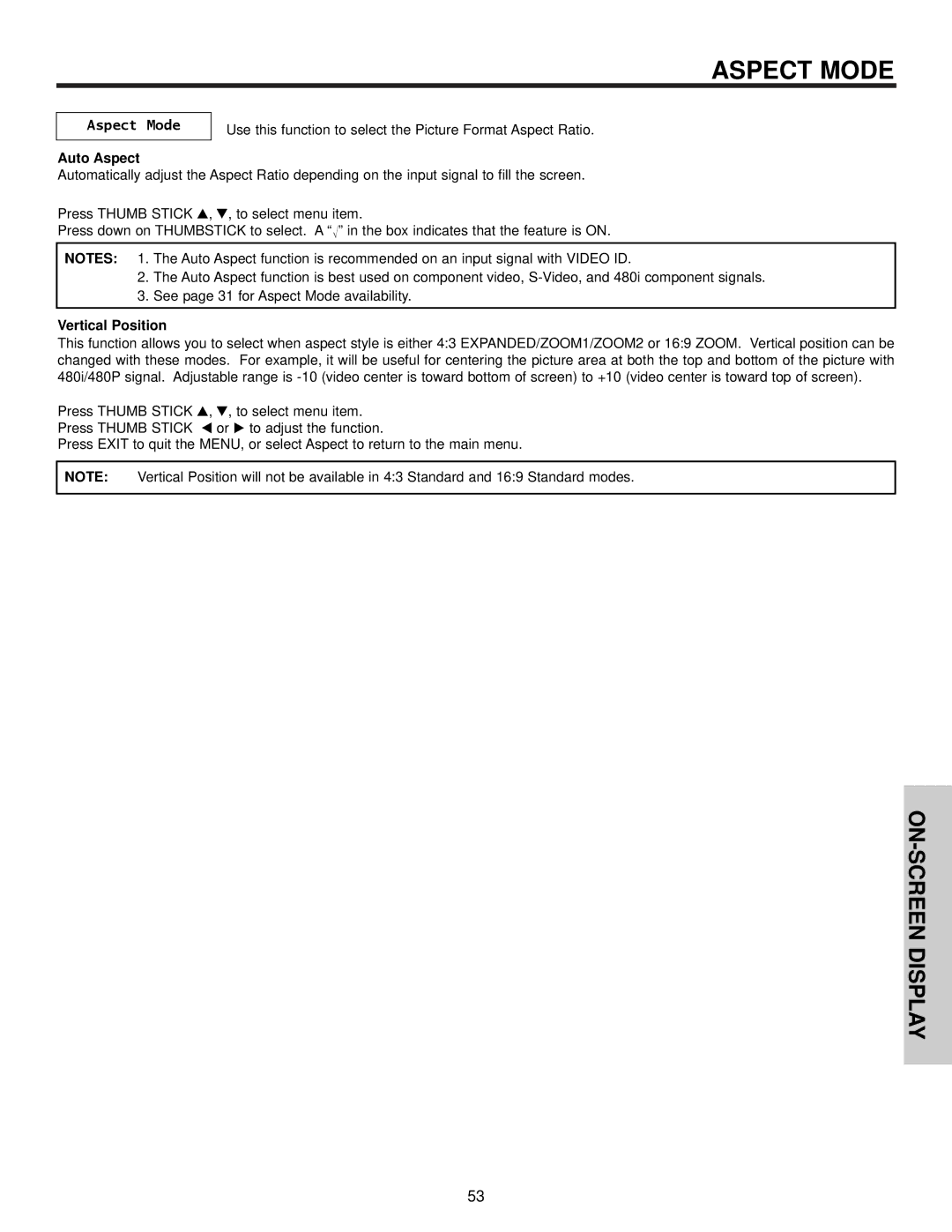 Hitachi 60VX500, 50VX500, 50V500A important safety instructions Aspect Mode, Auto Aspect, Vertical Position 