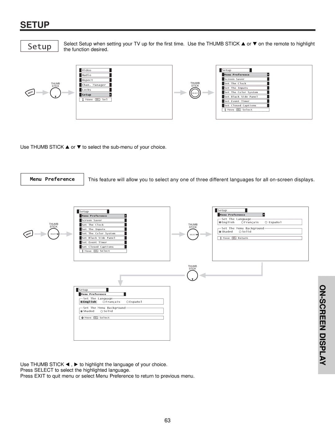 Hitachi 50VX500, 50V500A, 60VX500 important safety instructions Setup, Menu Preference 