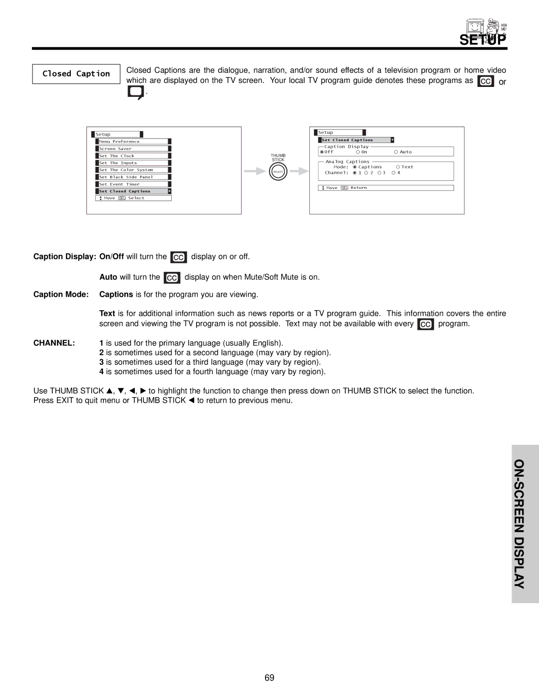 Hitachi 50VX500, 50V500A, 60VX500 important safety instructions Setup, Closed Caption, Caption Mode, Channel 