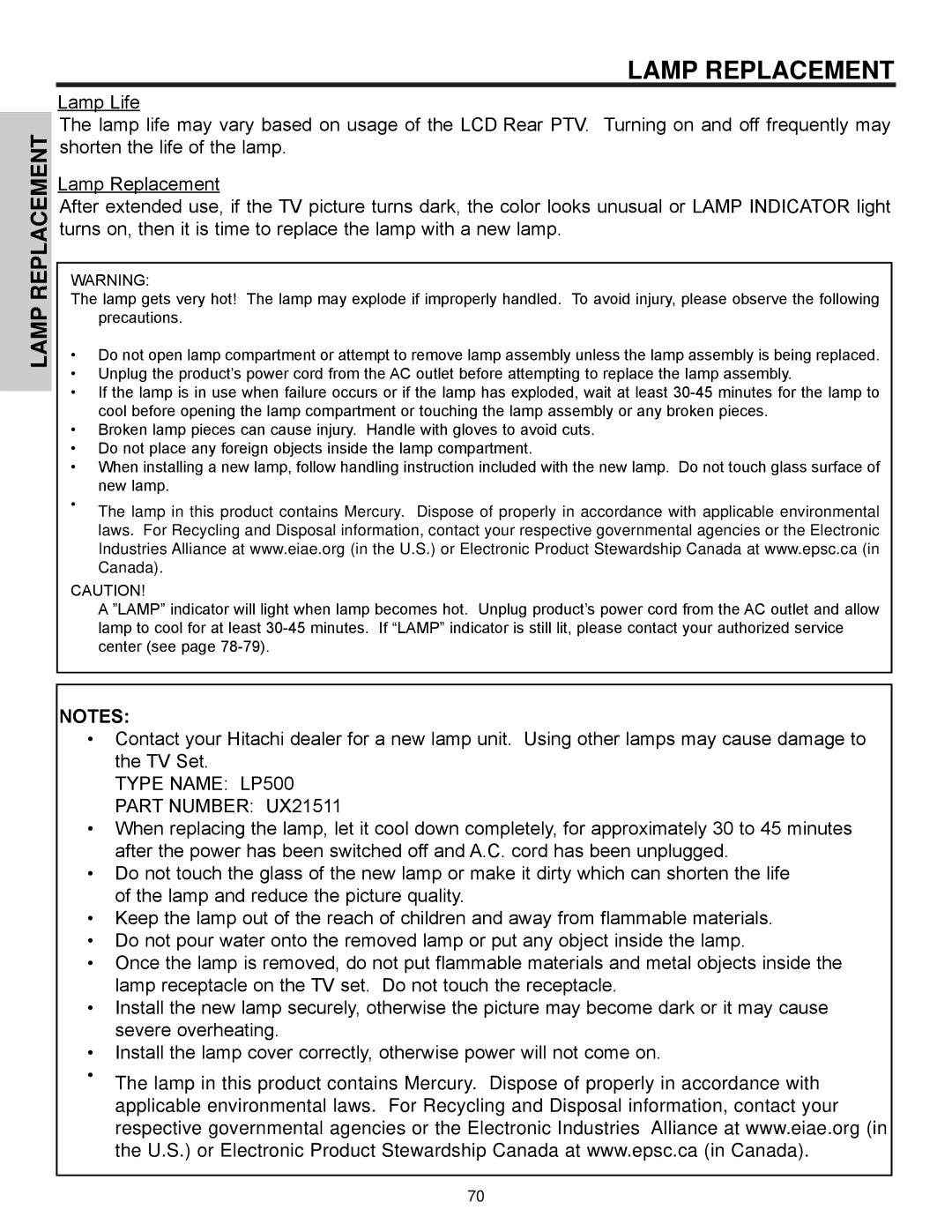 Hitachi 50V500A, 50VX500, 60VX500 important safety instructions Lamp Replacement, Type Name LP500 Part Number UX21511 