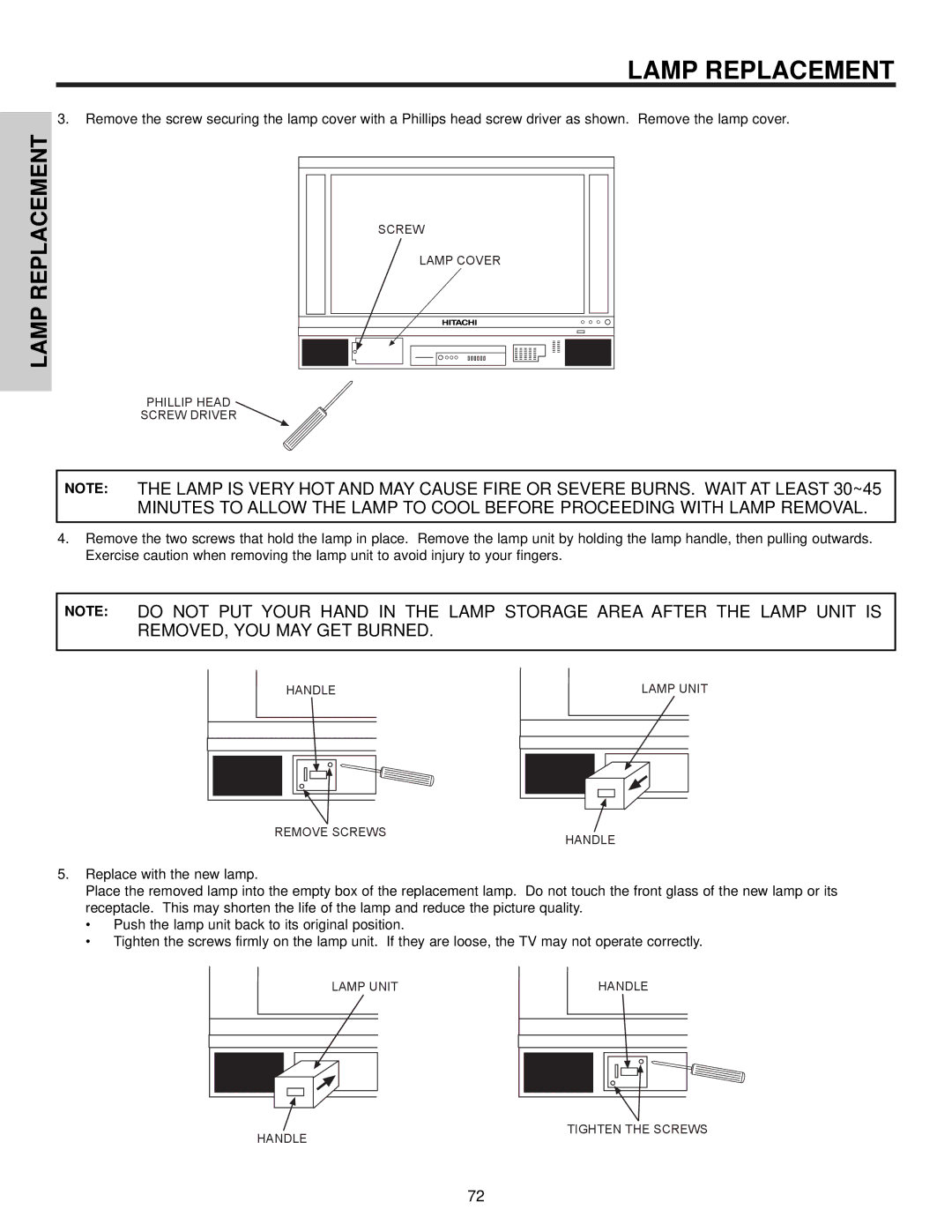 Hitachi 50VX500, 50V500A, 60VX500 important safety instructions Lamp Replacement 