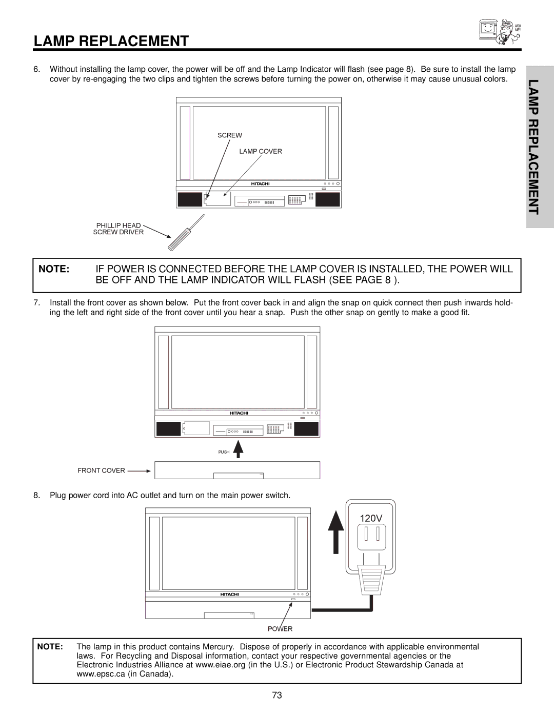 Hitachi 50V500A, 50VX500, 60VX500 important safety instructions 120V 