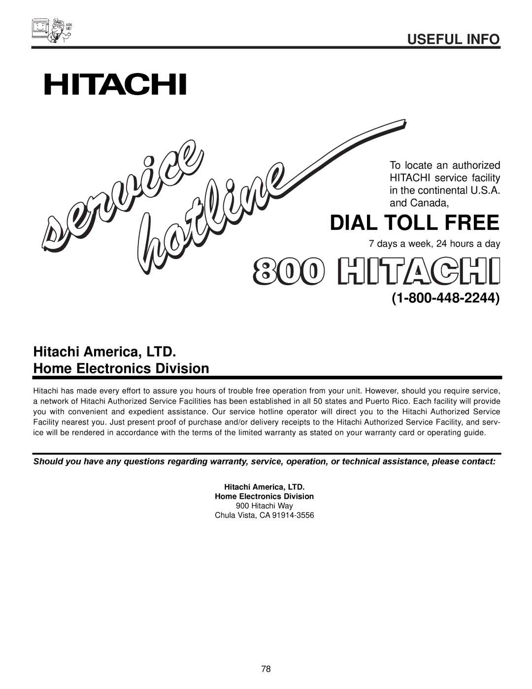 Hitachi 50VX500, 50V500A, 60VX500 important safety instructions Dial Toll Free, Home Electronics Division 