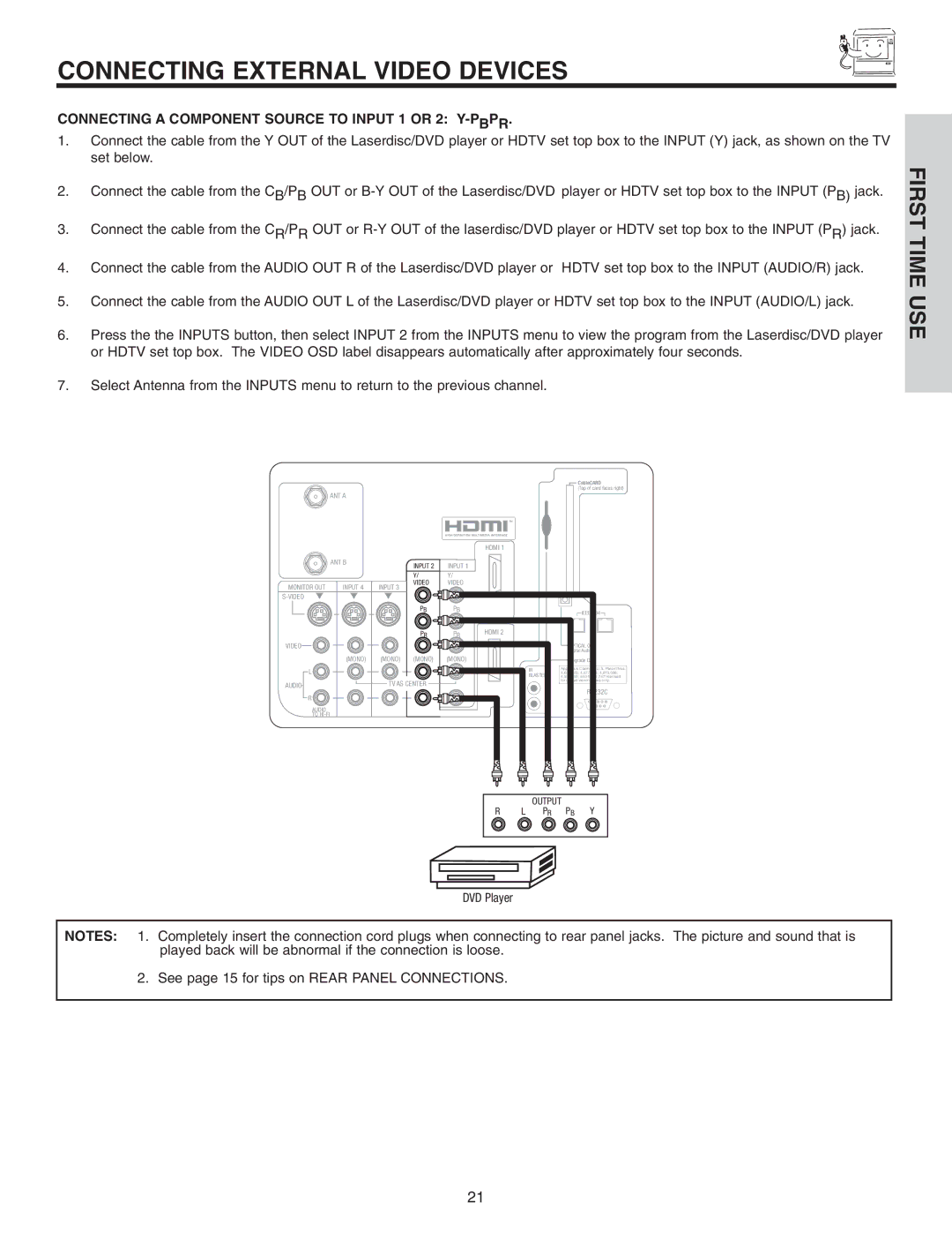 Hitachi 50VX915, 70VX915, 60VX915 important safety instructions Connecting a Component Source to Input 1 or 2 Y-PBPR, Blaster 