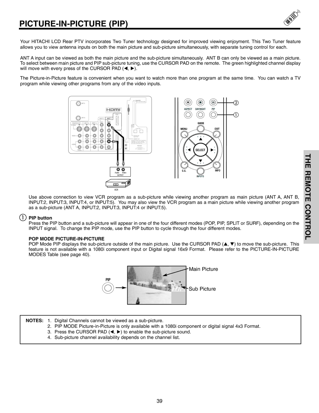 Hitachi 50VX915, 70VX915, 60VX915 Picture-In-Picture Pip, PIP button, POP Mode PICTURE-IN-PICTURE 