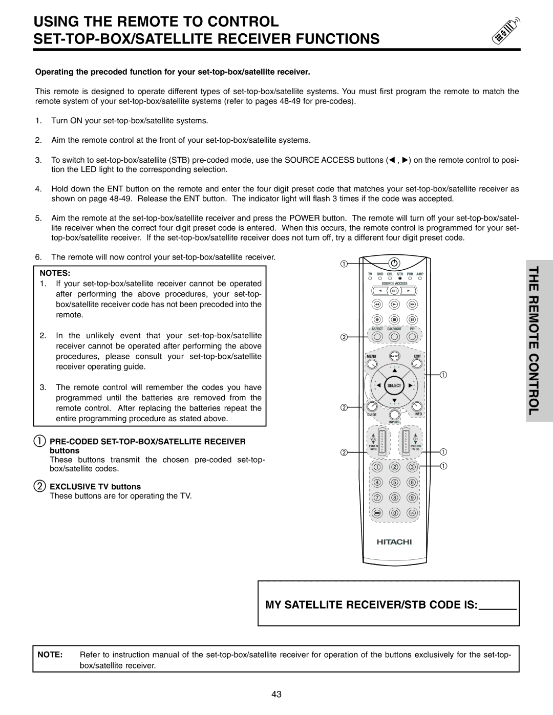 Hitachi 70VX915, 50VX915, 60VX915 important safety instructions PRE-CODED SET-TOP-BOX/SATELLITE Receiver buttons 