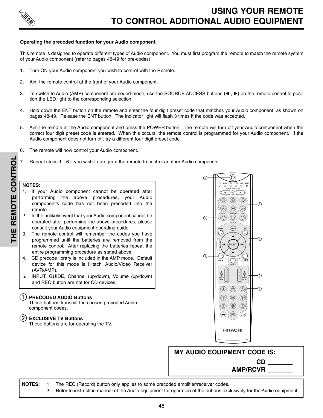 Hitachi 70VX915, 50VX915, 60VX915 Using Your Remote To Control Additional Audio Equipment, Precoded Audio Buttons 