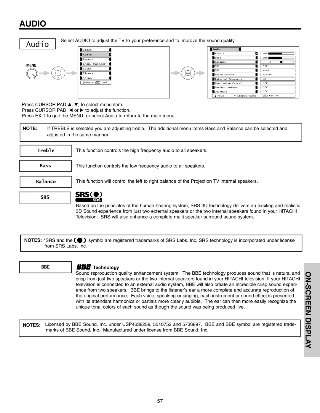 Hitachi 50VX915, 70VX915, 60VX915 important safety instructions Audio, Treble Bass Balance, Technology 