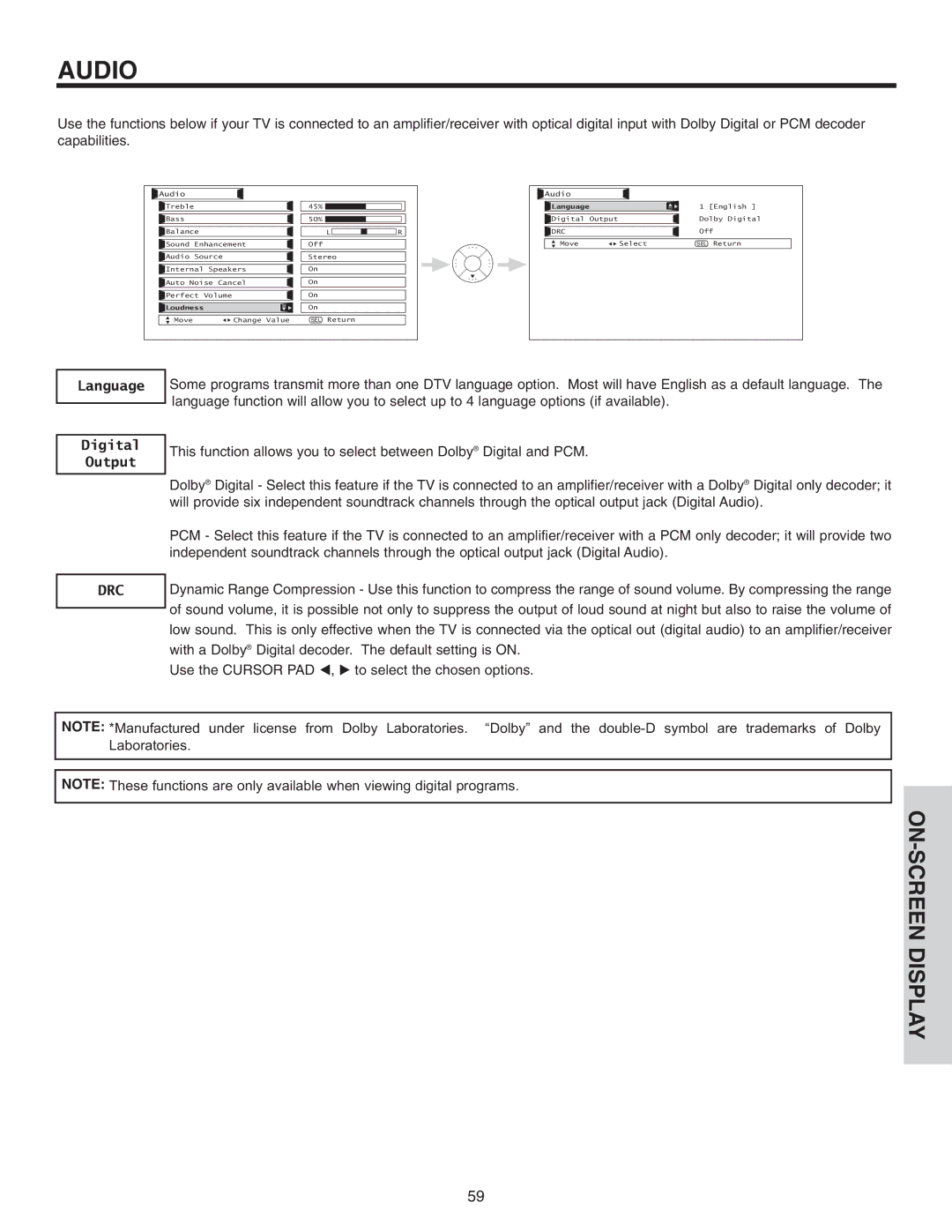 Hitachi 60VX915, 50VX915, 70VX915 important safety instructions Language Digital Output, Audio 