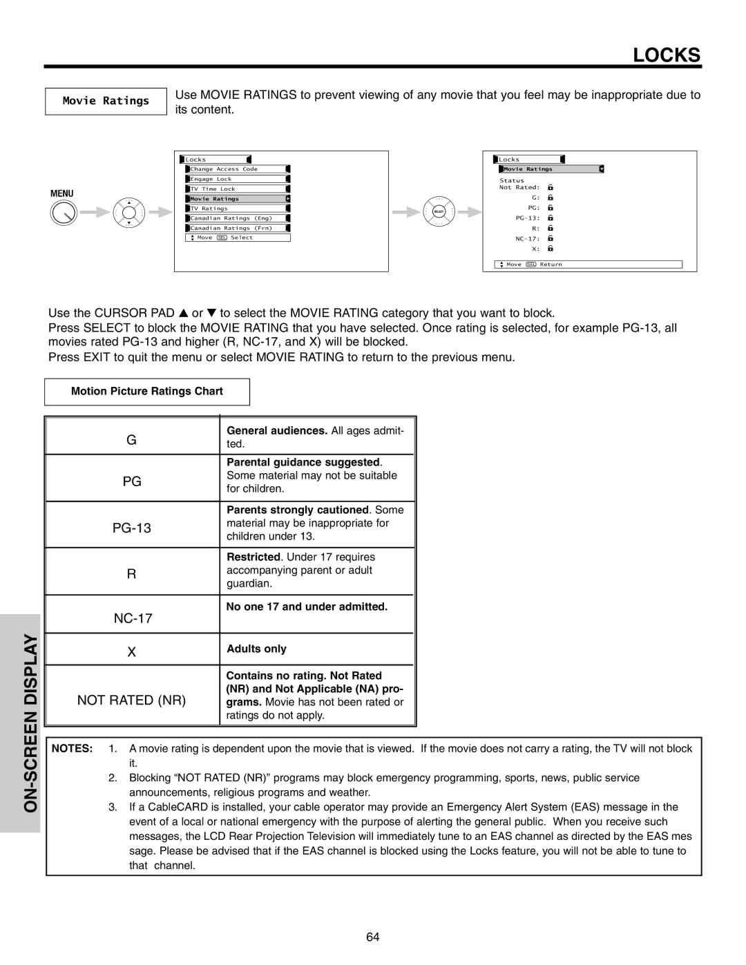 Hitachi 70VX915, 50VX915, 60VX915 important safety instructions Movie Ratings 