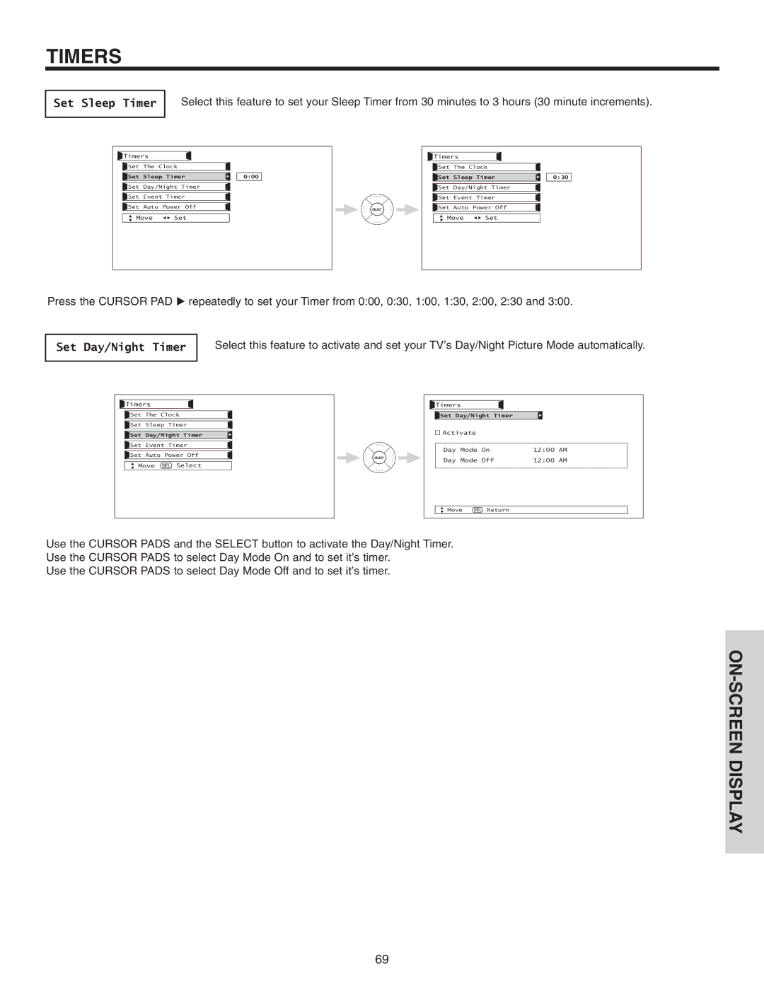 Hitachi 50VX915, 70VX915, 60VX915 important safety instructions Set Sleep Timer, Set Day/Night Timer 