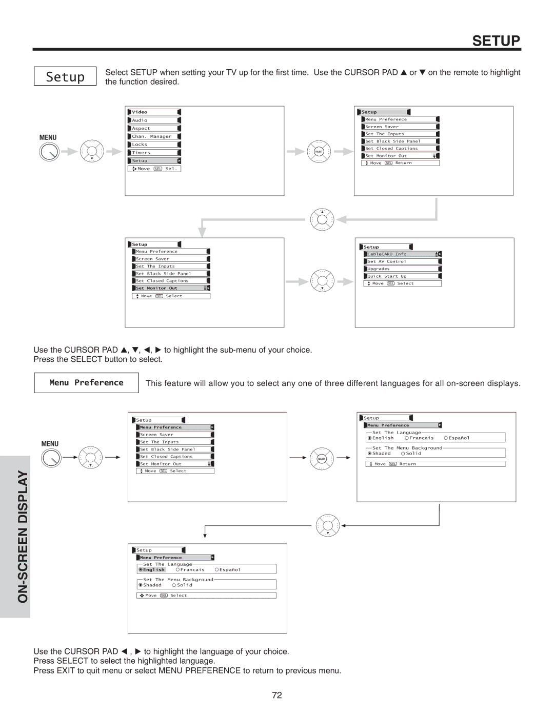 Hitachi 50VX915, 70VX915, 60VX915 important safety instructions Setup, Menu Preference 