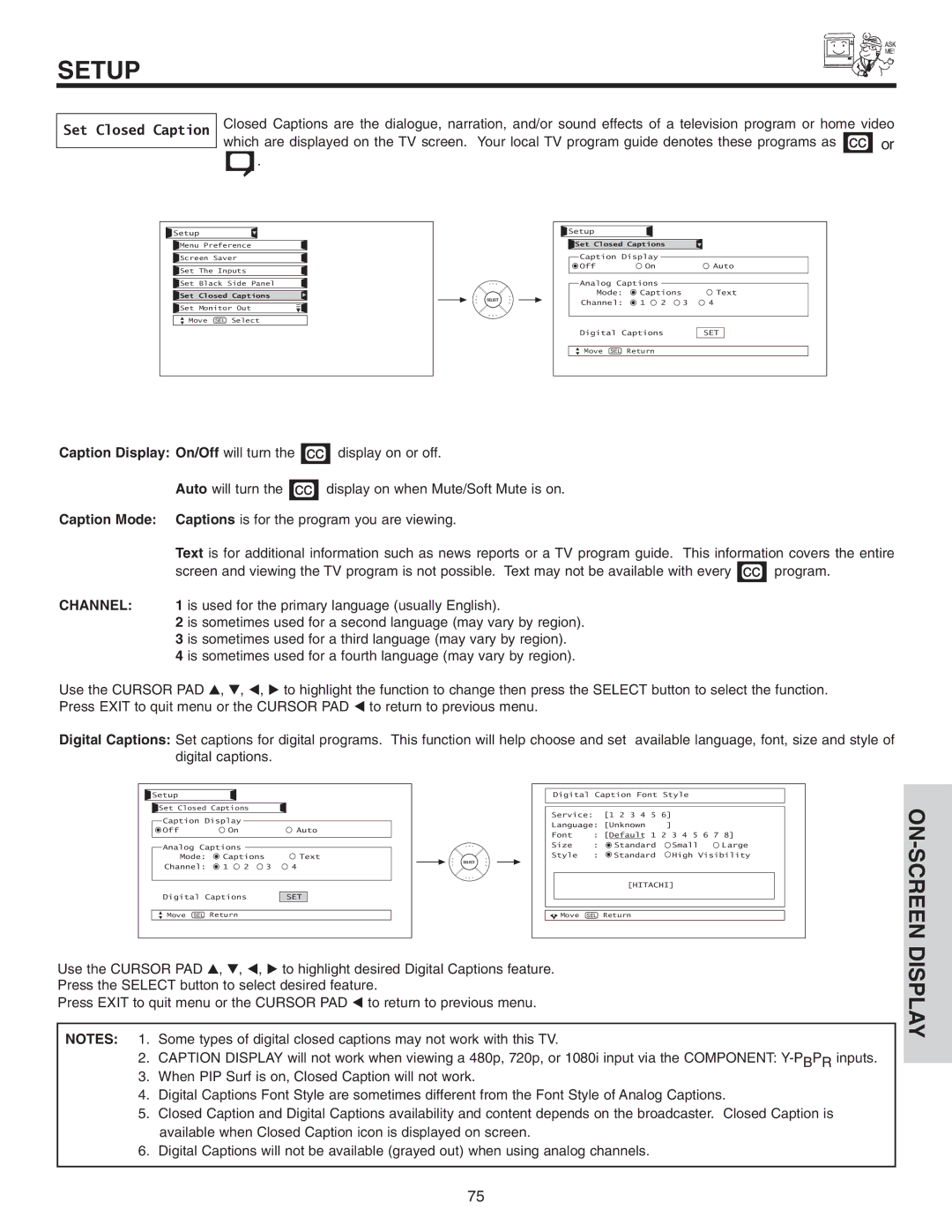 Hitachi 50VX915, 70VX915, 60VX915 important safety instructions Set Closed Caption, Caption Mode, Channel 