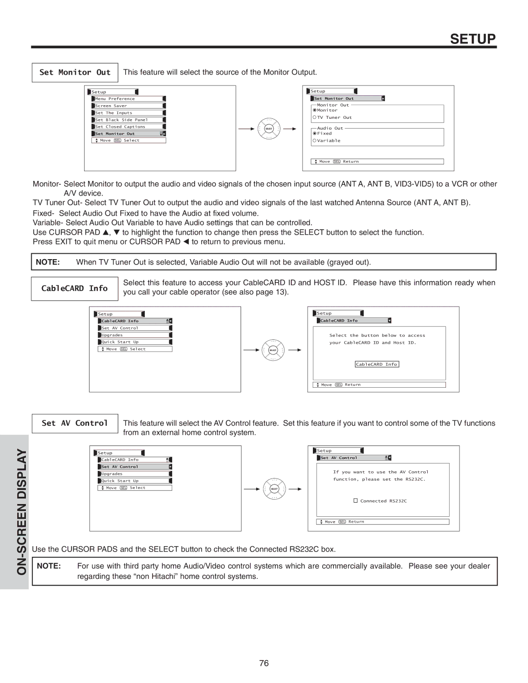 Hitachi 70VX915, 50VX915, 60VX915 important safety instructions Set Monitor Out, CableCARD Info, Set AV Control 