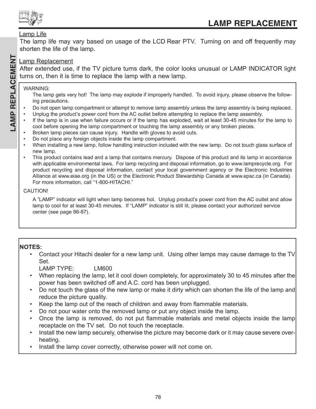 Hitachi 50VX915, 70VX915, 60VX915 important safety instructions Lamp Replacement 