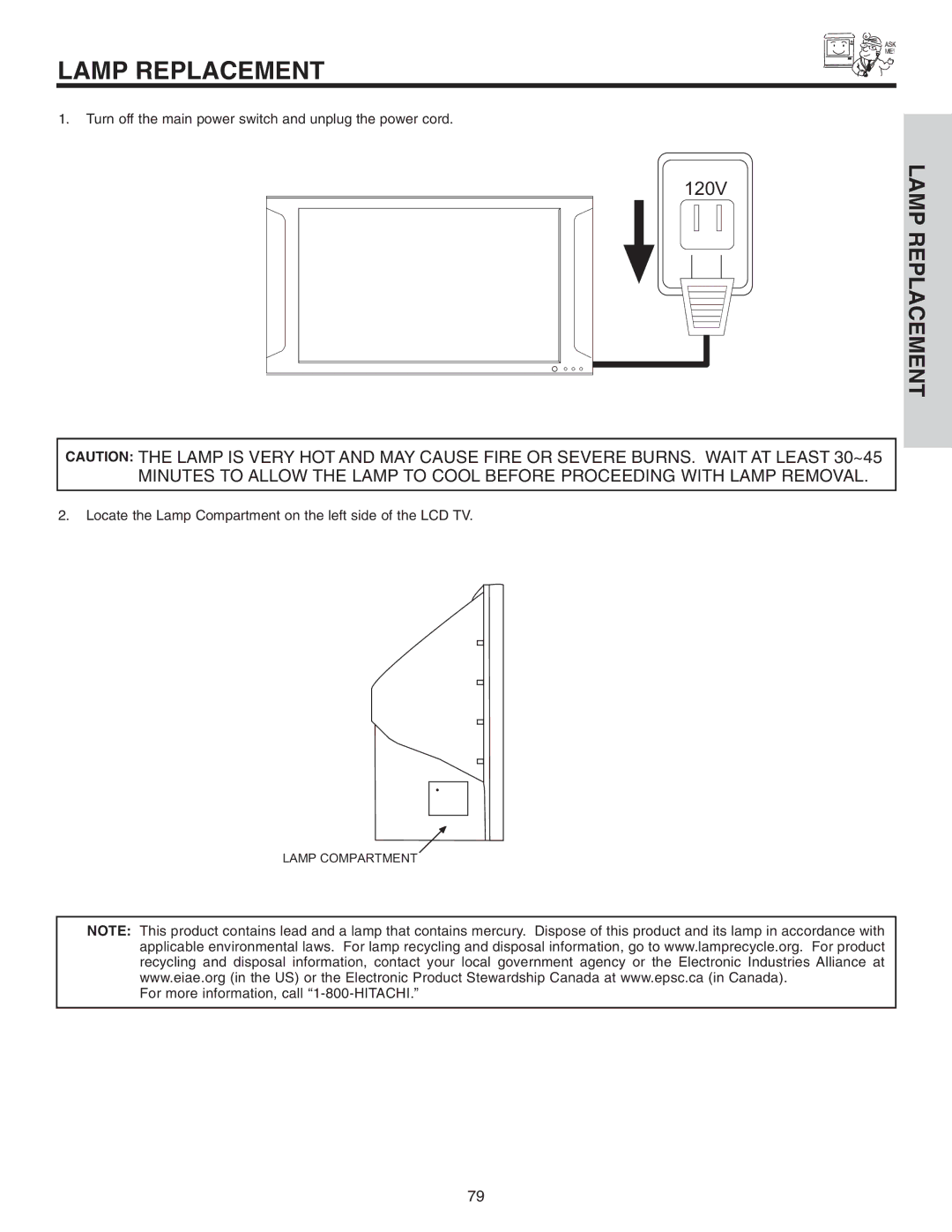 Hitachi 70VX915, 50VX915, 60VX915 important safety instructions Lamp Replacement 