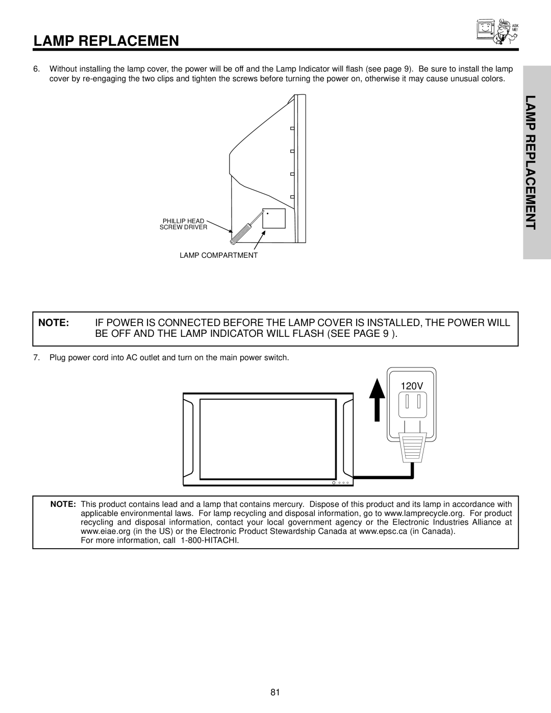 Hitachi 50VX915, 70VX915, 60VX915 important safety instructions Lamp Replacemen 