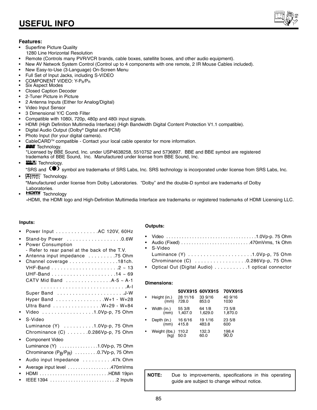 Hitachi 70VX915, 60VX915 important safety instructions Inputs, Outputs, Dimensions 50VX915 