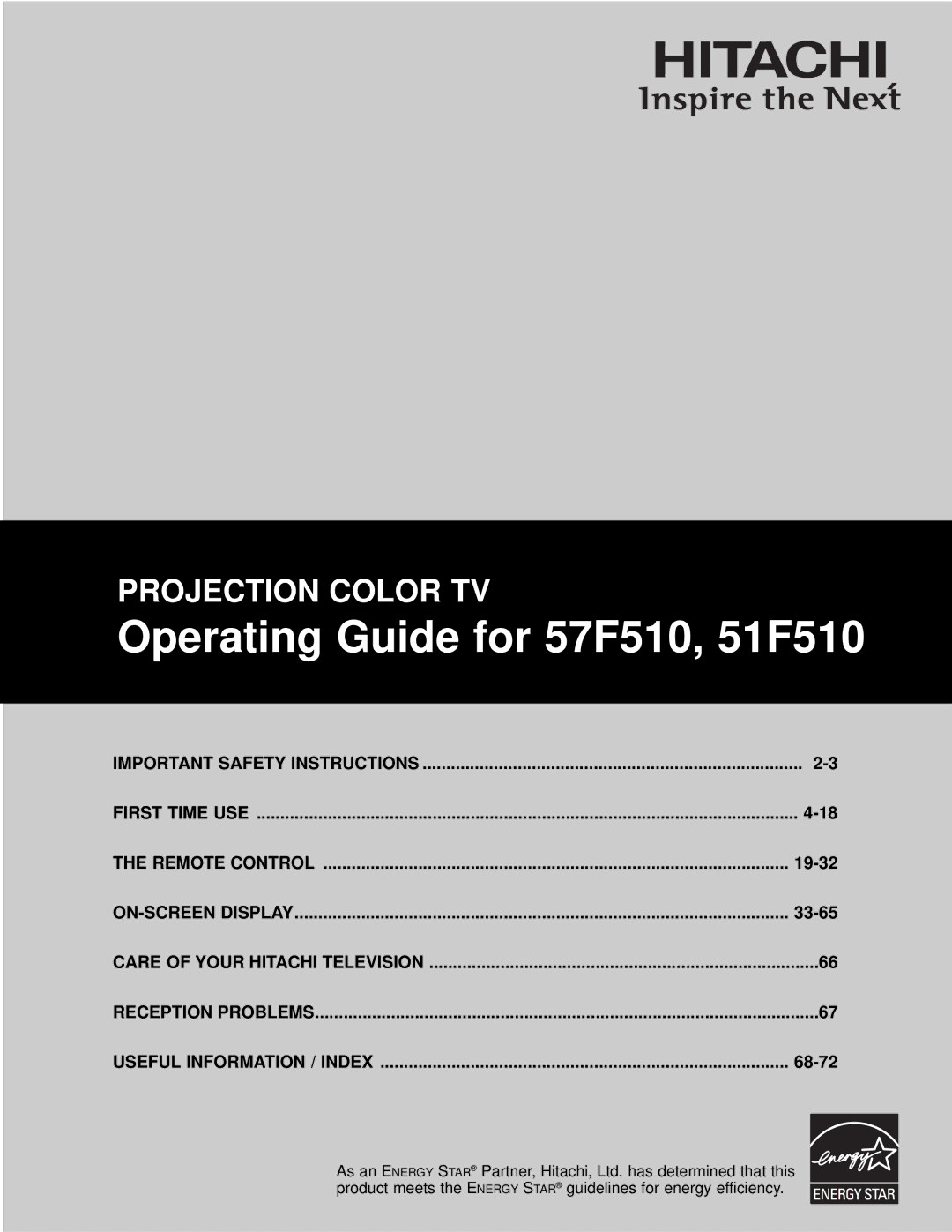 Hitachi important safety instructions Operating Guide for 57F510, 51F510 