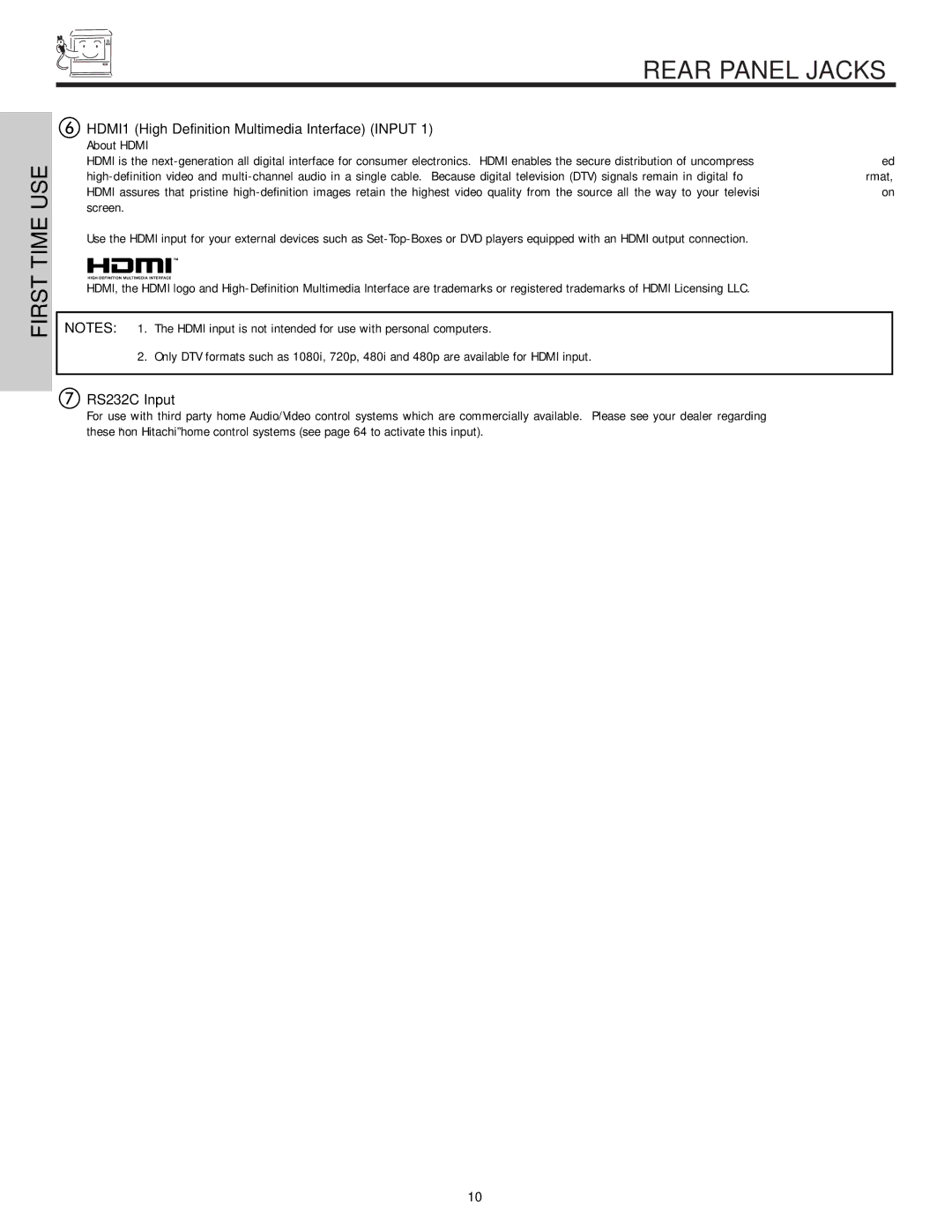 Hitachi 51F510 important safety instructions HDMI1 High Definition Multimedia Interface Input, RS232C Input 