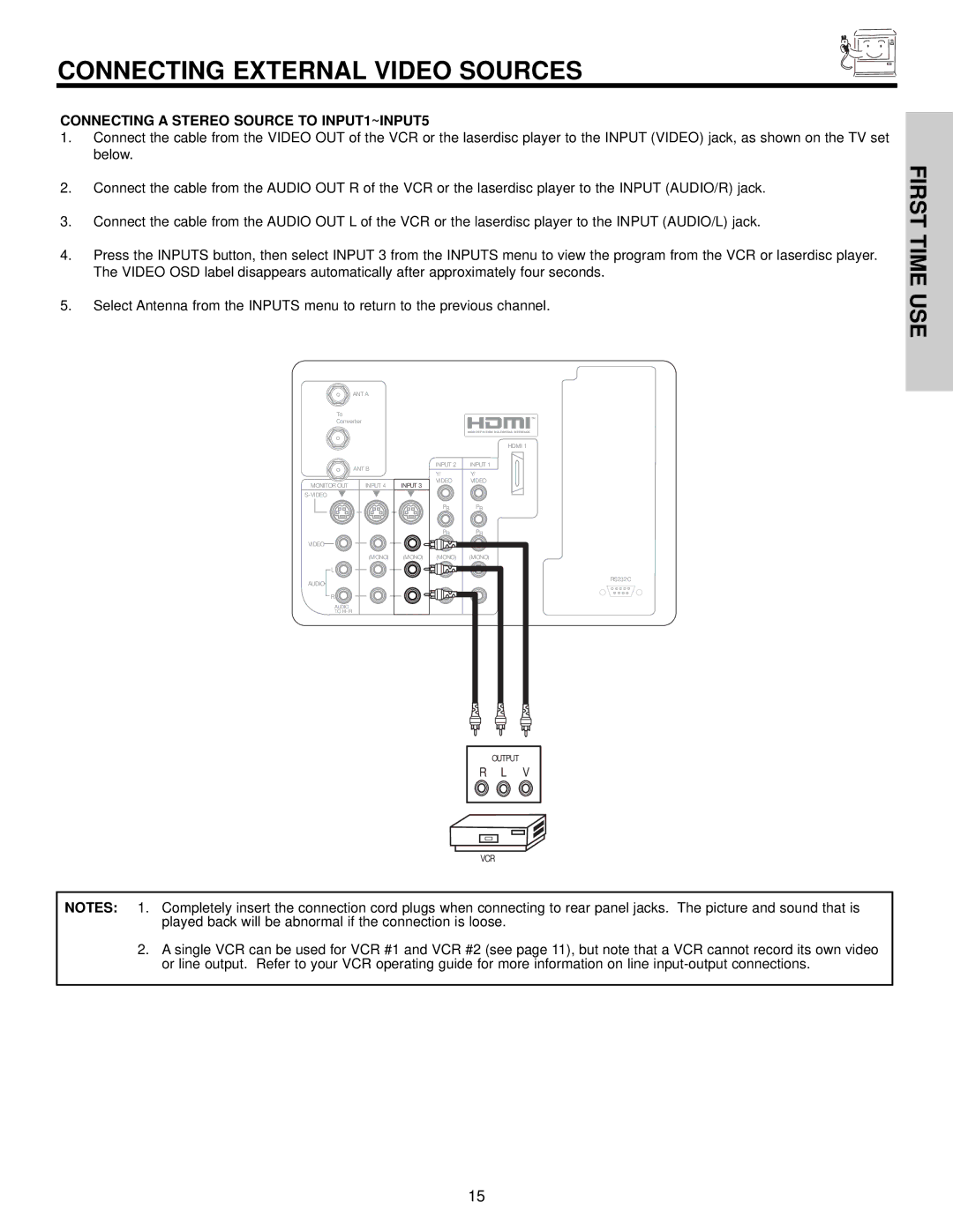 Hitachi 51F510 important safety instructions Connecting a Stereo Source to INPUT1~INPUT5 