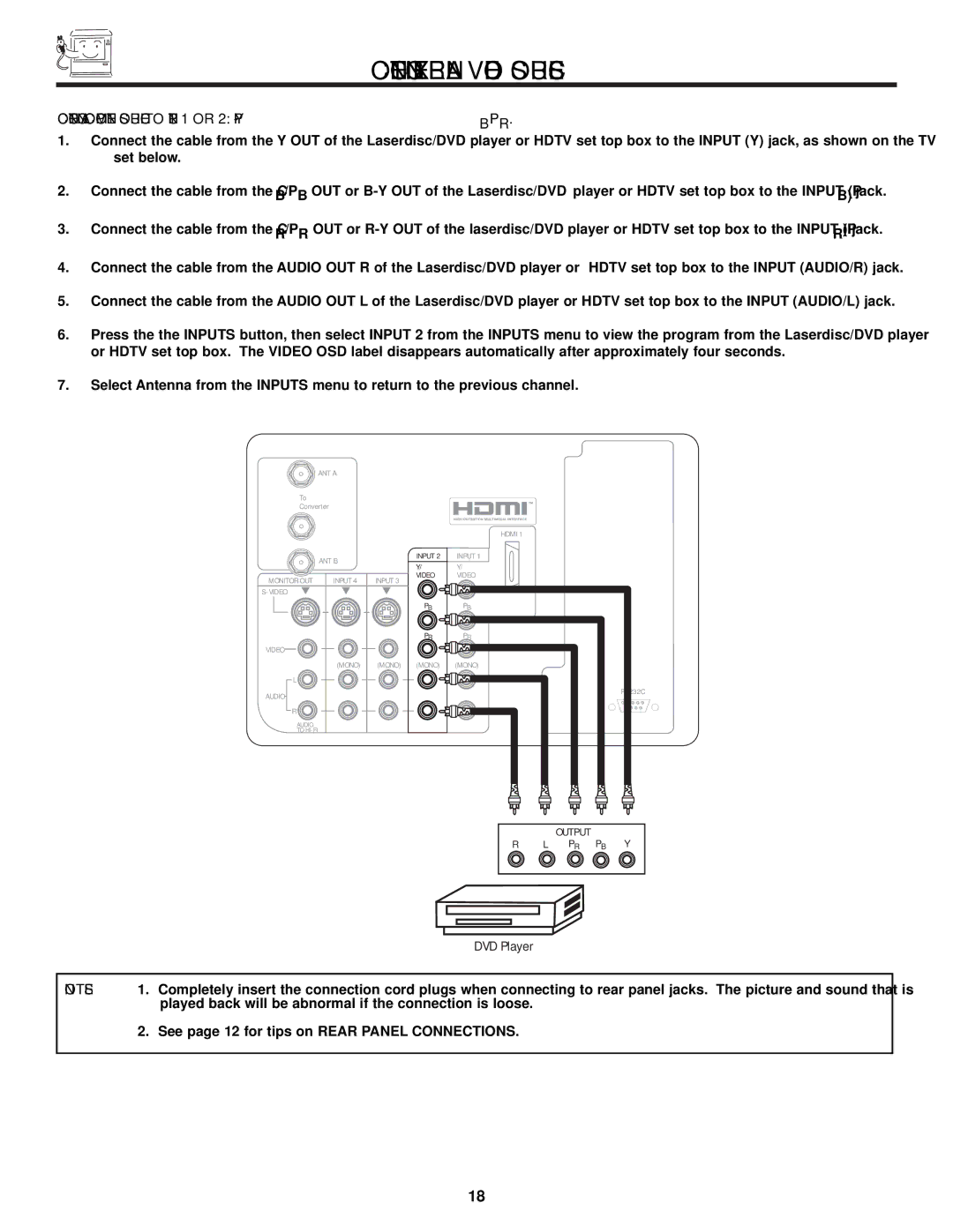 Hitachi 51F510 important safety instructions Connecting a Component Source to Input 1 or 2 Y-PBPR 