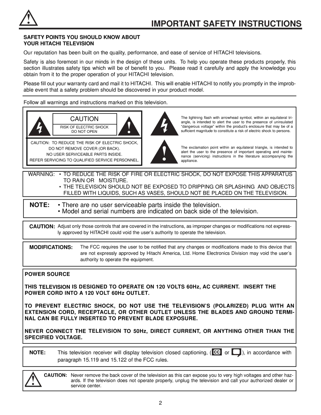 Hitachi 51F510 Important Safety Instructions, Safety Points YOU should Know about Your Hitachi Television 