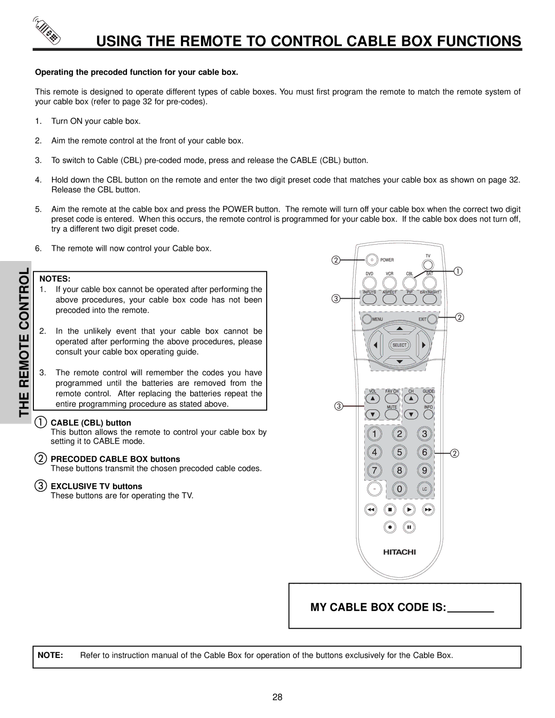 Hitachi 51F510 Using the Remote to Control Cable BOX Functions, Operating the precoded function for your cable box 