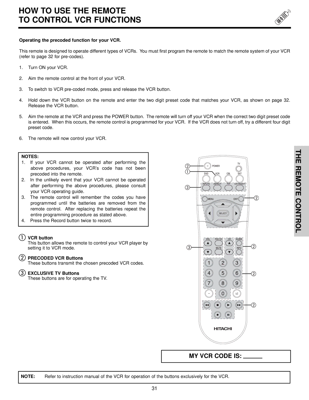 Hitachi 51F510 HOW to USE the Remote to Control VCR Functions, Operating the precoded function for your VCR, VCR button 