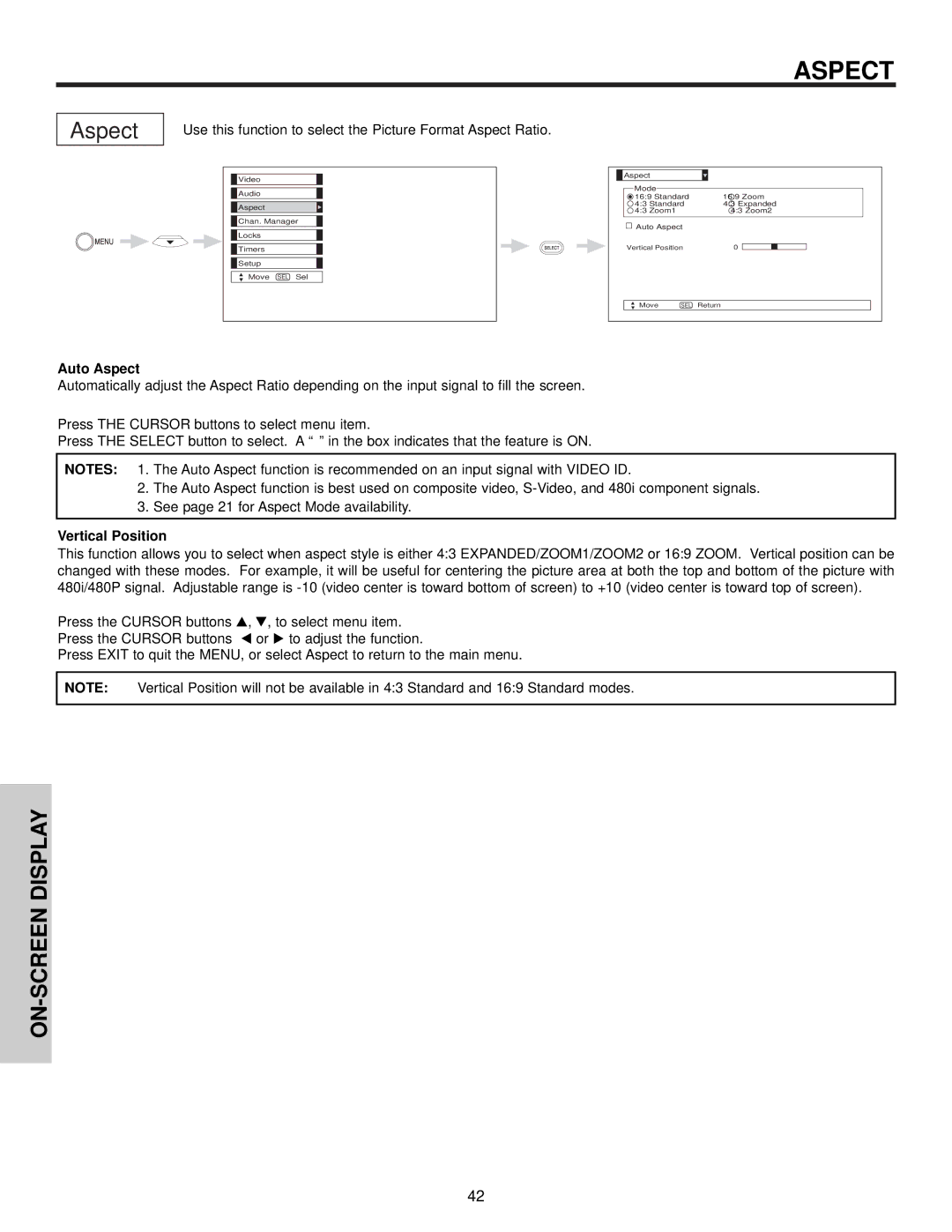 Hitachi 51F510 important safety instructions Auto Aspect, Vertical Position 