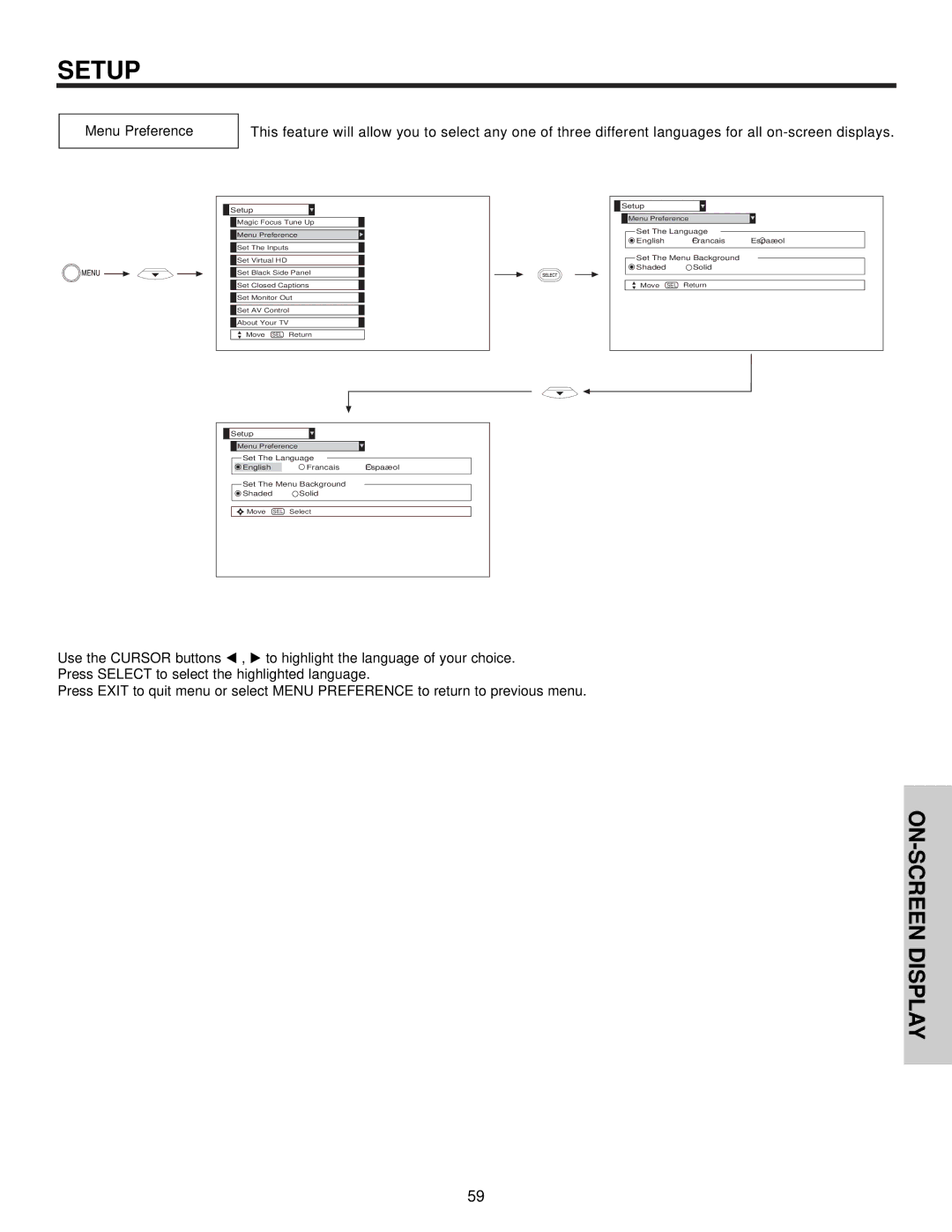 Hitachi 51F510 important safety instructions Menu Preference 