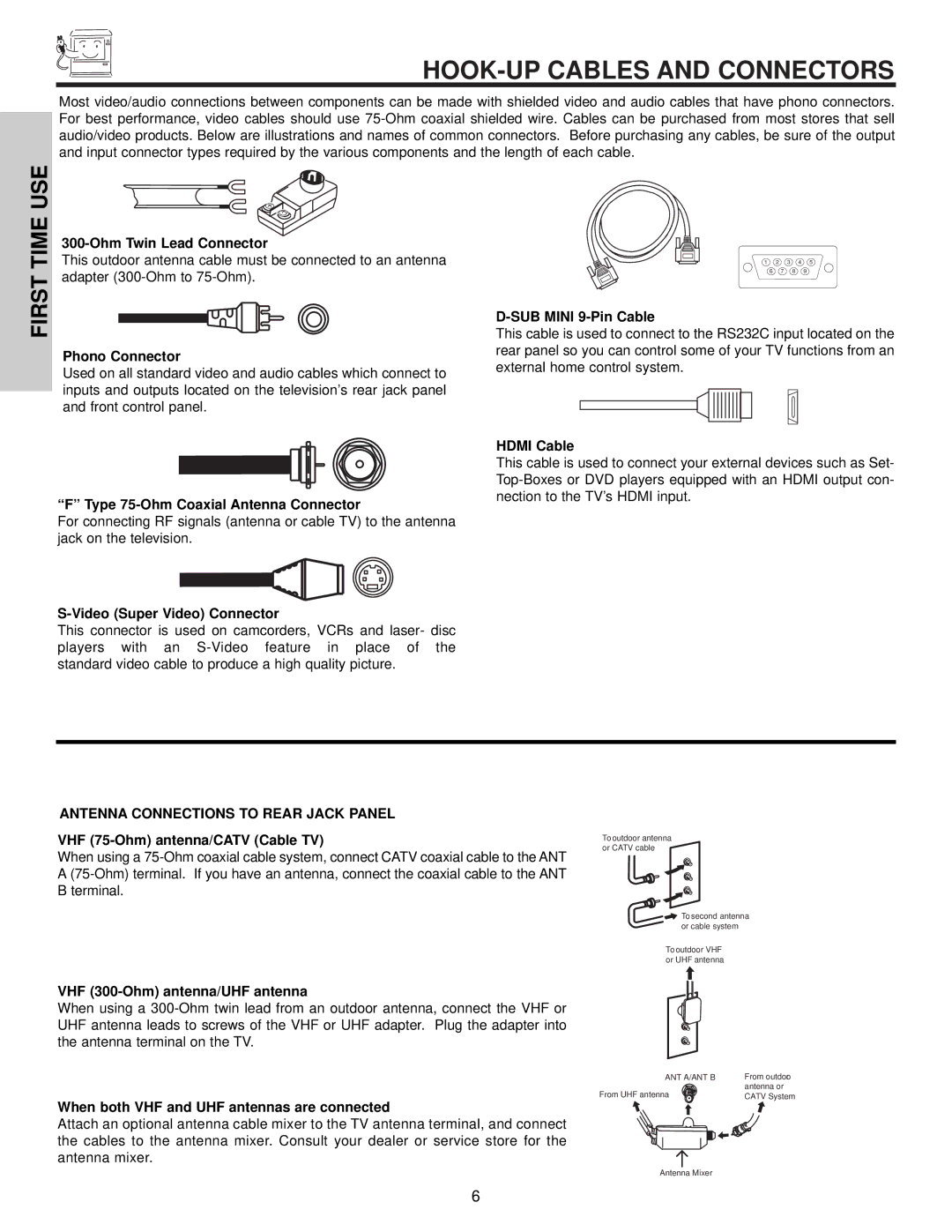 Hitachi 51F510 important safety instructions HOOK-UP Cables and Connectors, Antenna Connections to Rear Jack Panel 