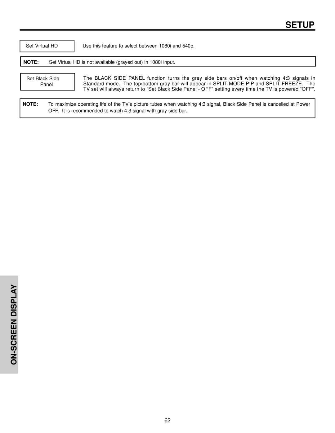 Hitachi 51F510 important safety instructions Set Virtual HD, Set Black Side Panel 