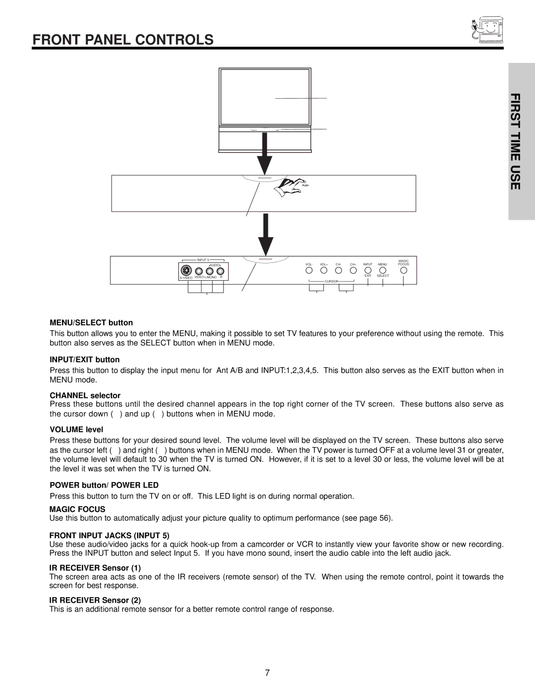 Hitachi 51F510 important safety instructions Front Panel Controls, Magic Focus, Front Input Jacks Input 