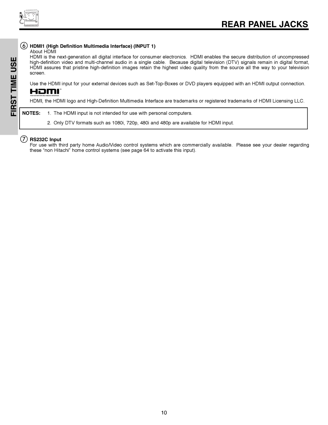 Hitachi 51F520 important safety instructions HDMI1 High Definition Multimedia Interface Input, RS232C Input 