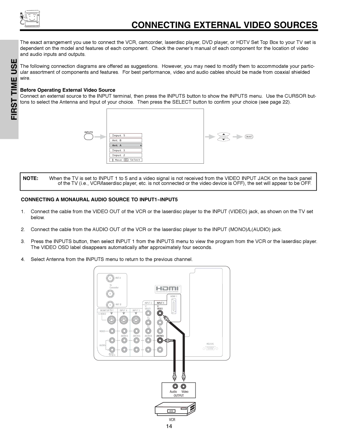 Hitachi 51F520 important safety instructions Connecting External Video Sources, Before Operating External Video Source 