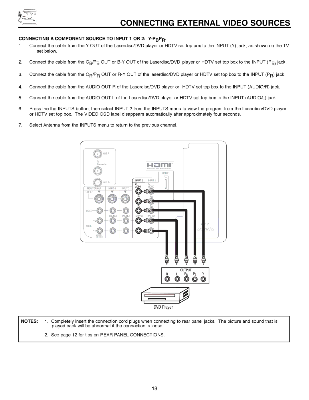 Hitachi 51F520 important safety instructions Connecting a Component Source to Input 1 or 2 Y-PBPR 