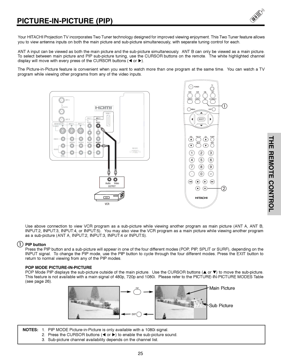 Hitachi 51F520 important safety instructions Picture-In-Picture Pip, PIP button, POP Mode PICTURE-IN-PICTURE 